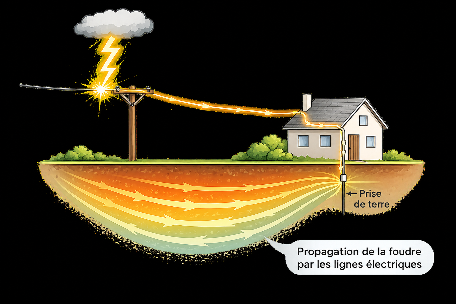 Propagation de la foudre par une ligne électrique vers une maison