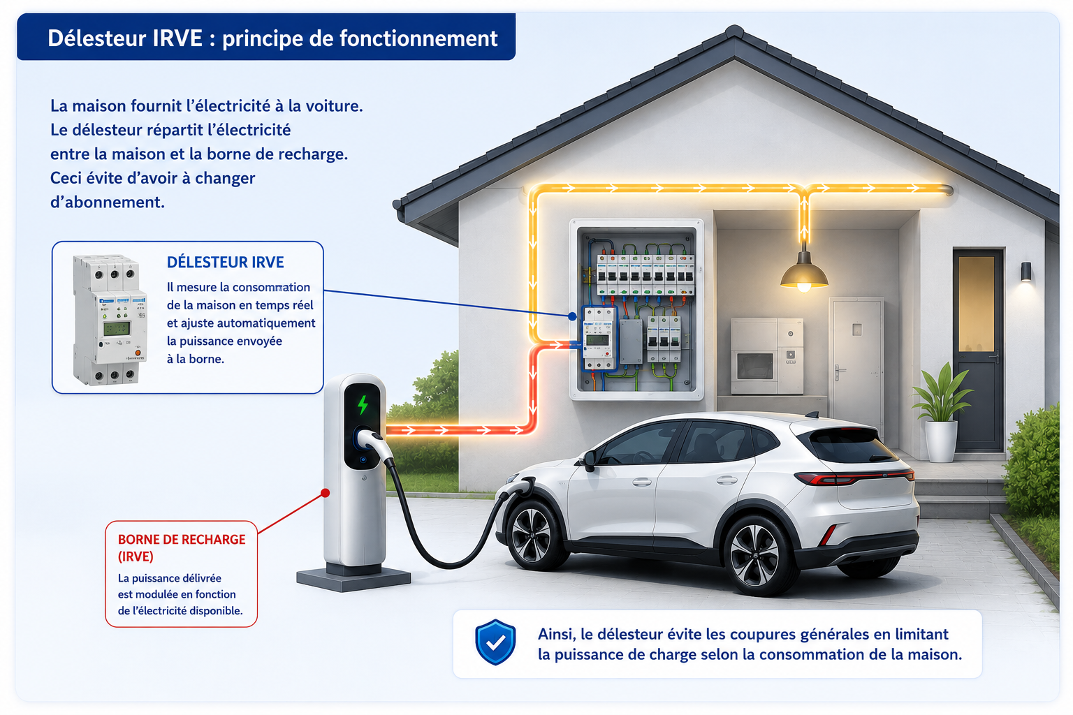 Principe de fonctionnement d'un délesteur entre maison, tableau électrique, borne de recharge et voiture électrique